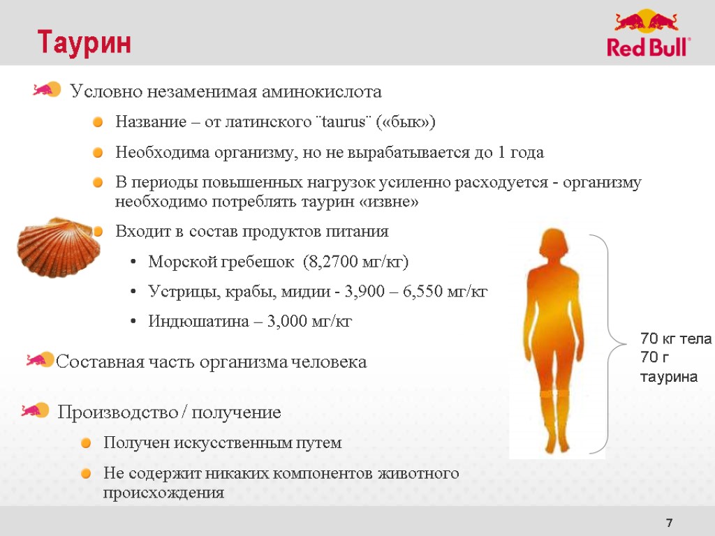 7 Таурин Условно незаменимая аминокислота Название – от латинского ¨taurus¨ («бык») Необходима организму, но